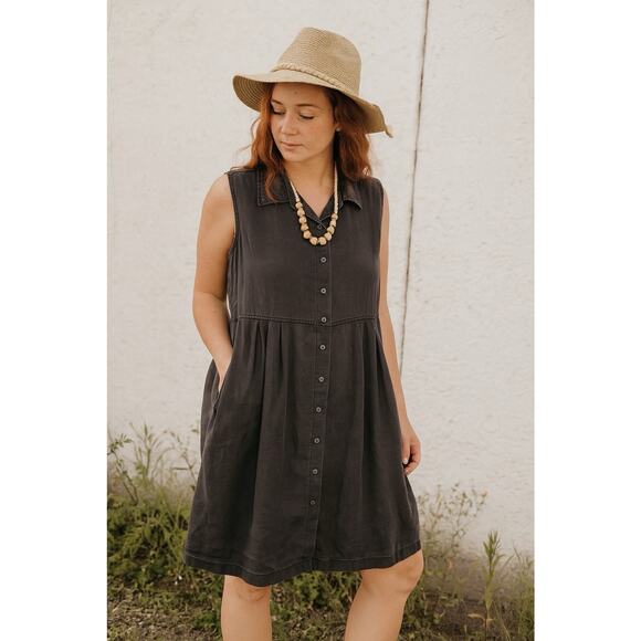 Eddie Bauer Women’s Linen Button Dress Sleeveless Pockets Charcoal Gray Large - Picture 1 of 8